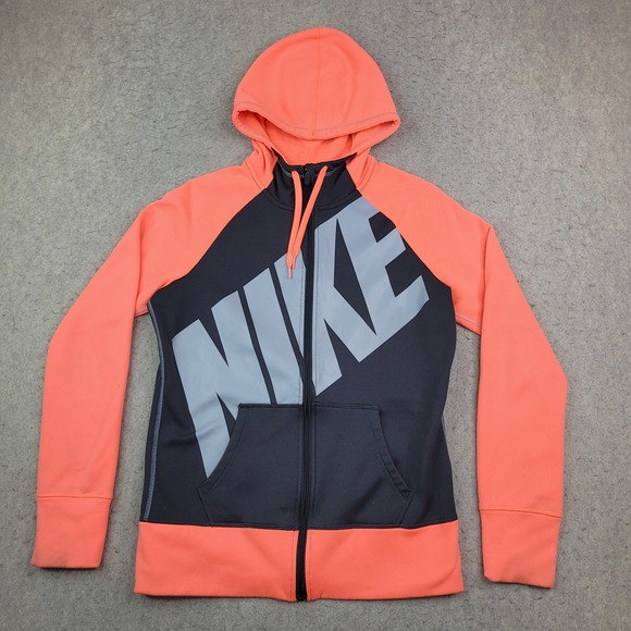 Nike Therma Fit Full Zip Hoodie Womens Medium Orange Black Big Logo Jacket - Picture 1 of 10